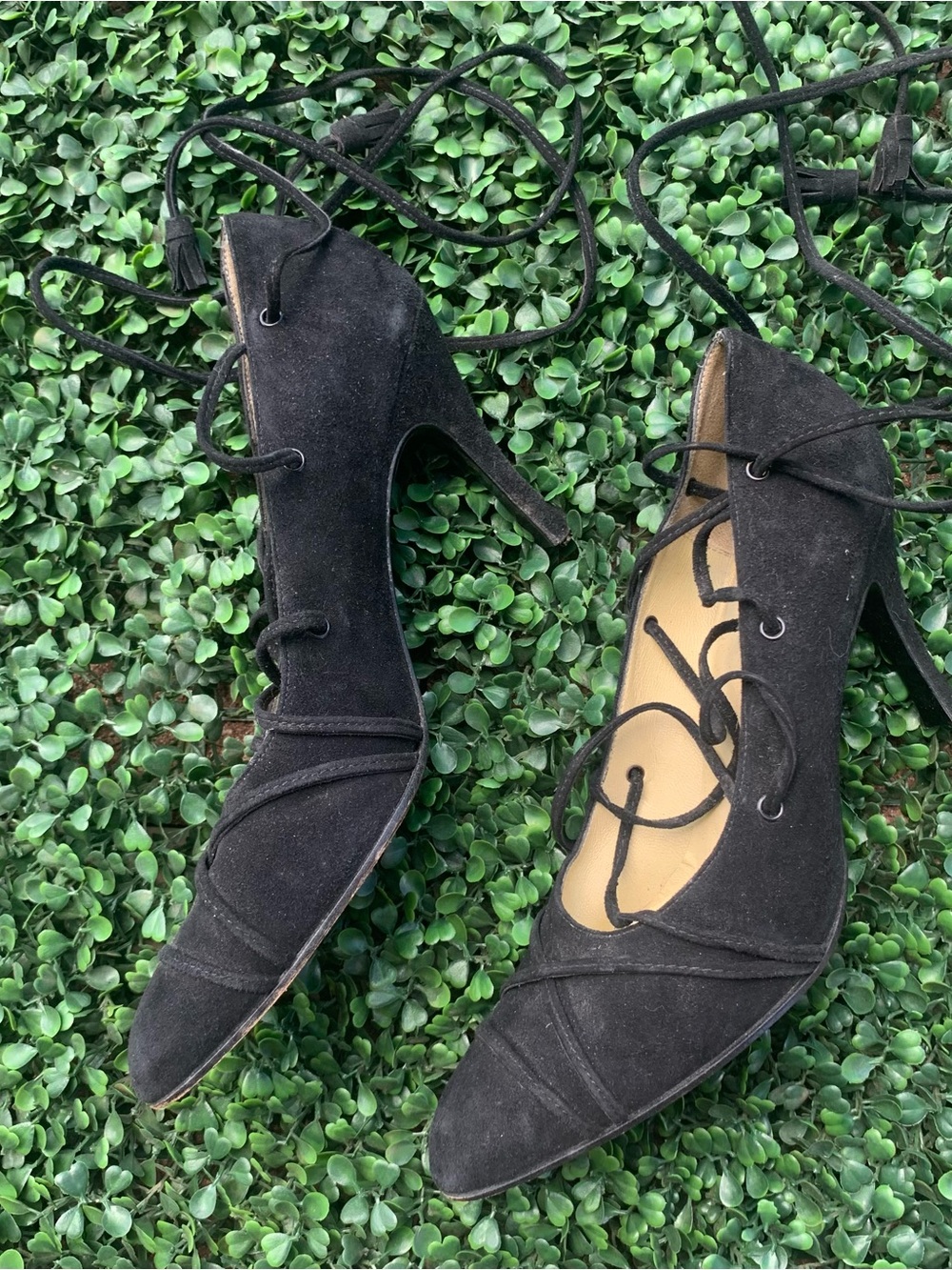 Beautiful Charles Jourdan black suede lace up pumps heels shoes- needs heel caps